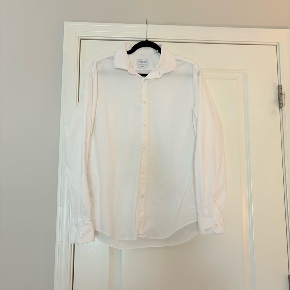 Calvin Klein Men’s White Refined Cotton Stretch Slim Fit Dress Shirt - Picture 3 of 14